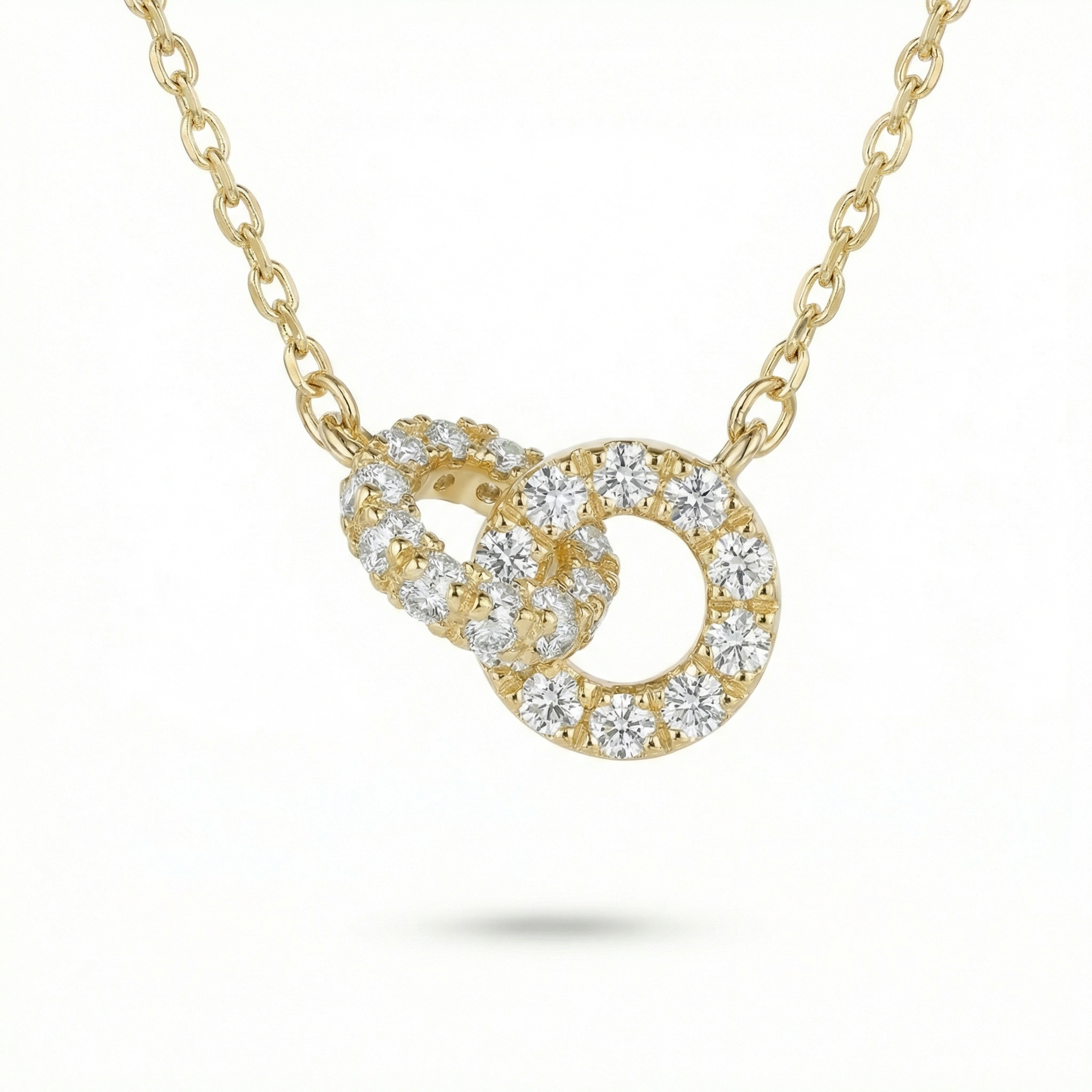 14K gold plated sterling silver necklace with interlocking hoop pendant set with sparkling artificial gemstones