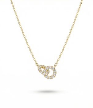 14K gold plated sterling silver necklace with interlocking hoop pendant set with sparkling artificial gemstones
