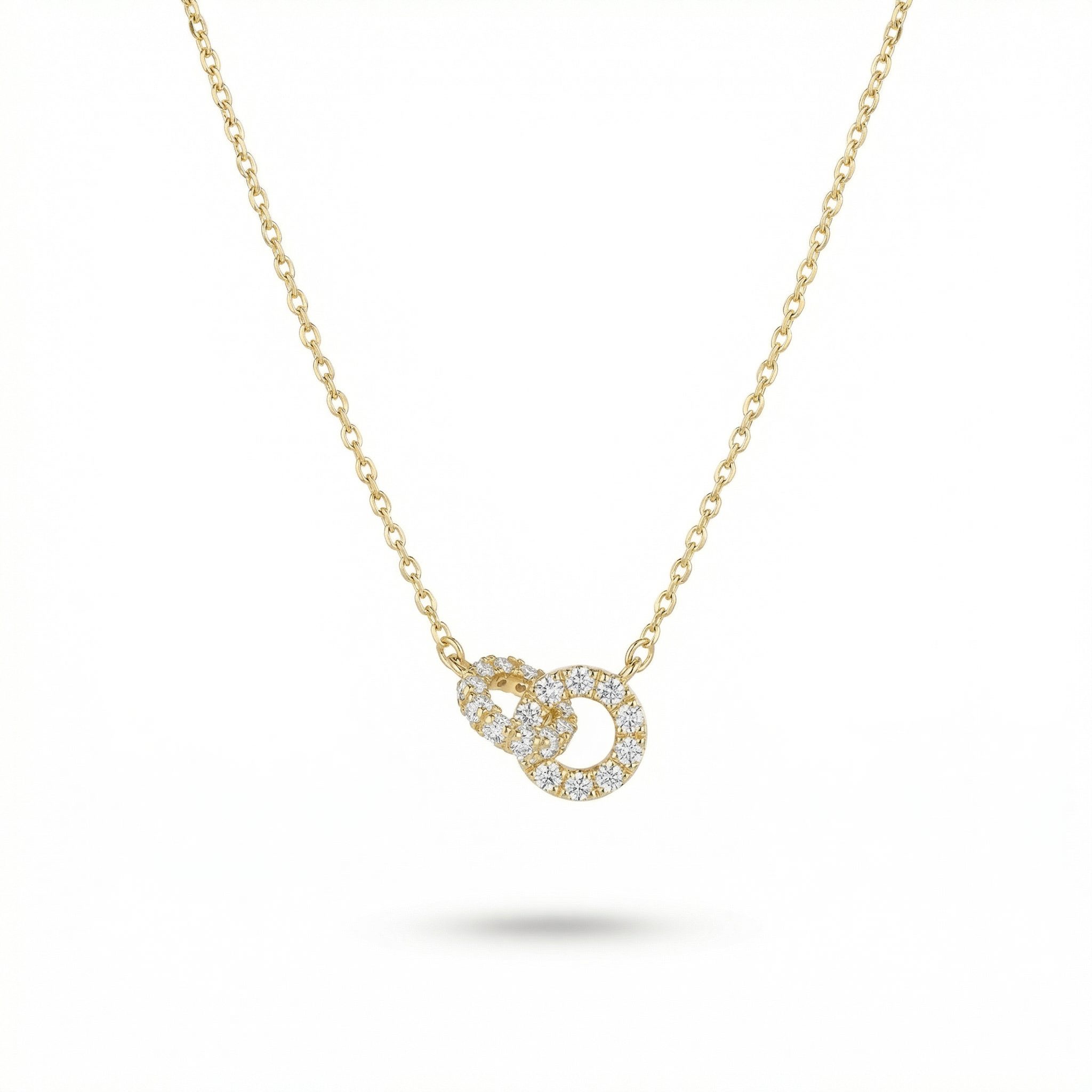 14K gold plated sterling silver necklace with interlocking hoop pendant set with sparkling artificial gemstones