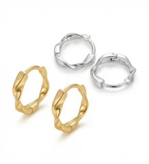 Hypoallergenic 10mm mini hoop earrings in 925 sterling silver and 18K gold plated finish on white background