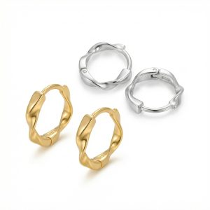 Hypoallergenic 10mm mini hoop earrings in 925 sterling silver and 18K gold plated finish on white background