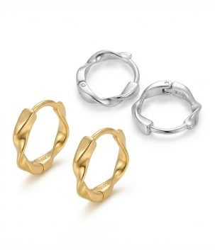 Hypoallergenic 10mm mini hoop earrings in 925 sterling silver and 18K gold plated finish on white background