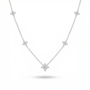 925 sterling silver crystal necklace with delicate chain and evenly spaced sparkling crystal accents on white background