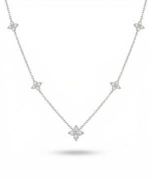 925 sterling silver crystal necklace with delicate chain and evenly spaced sparkling crystal accents on white background