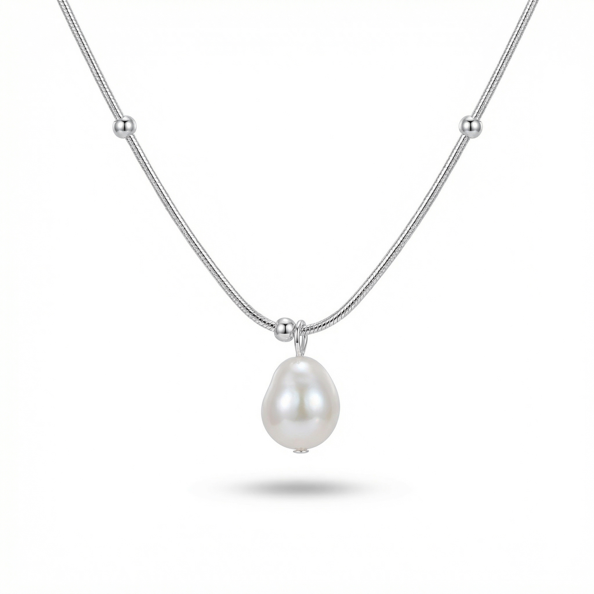 925 sterling silver hypoallergenic pearl pendant necklace with delicate beaded chain on white background