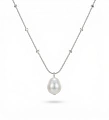 925 sterling silver hypoallergenic pearl pendant necklace with delicate beaded chain on white background