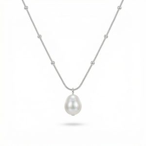 925 sterling silver hypoallergenic pearl pendant necklace with delicate beaded chain on white background