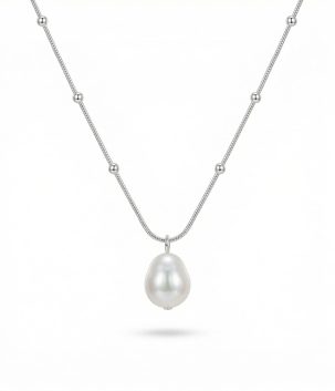 925 sterling silver hypoallergenic pearl pendant necklace with delicate beaded chain on white background