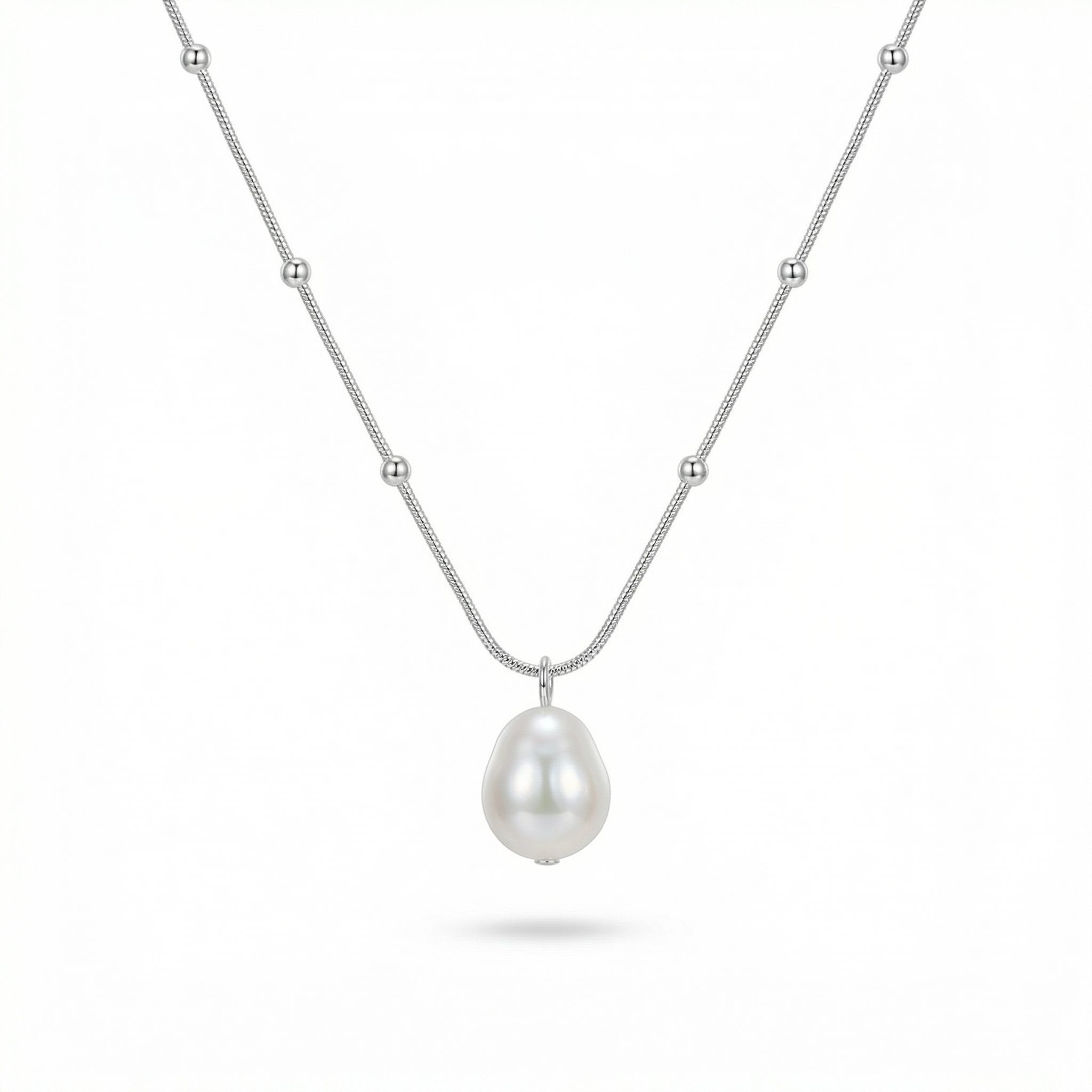 925 sterling silver hypoallergenic pearl pendant necklace with delicate beaded chain on white background