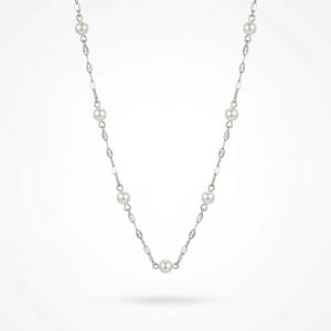 925 sterling silver necklace with pearls featuring delicate chain and evenly spaced pearl accents on white background