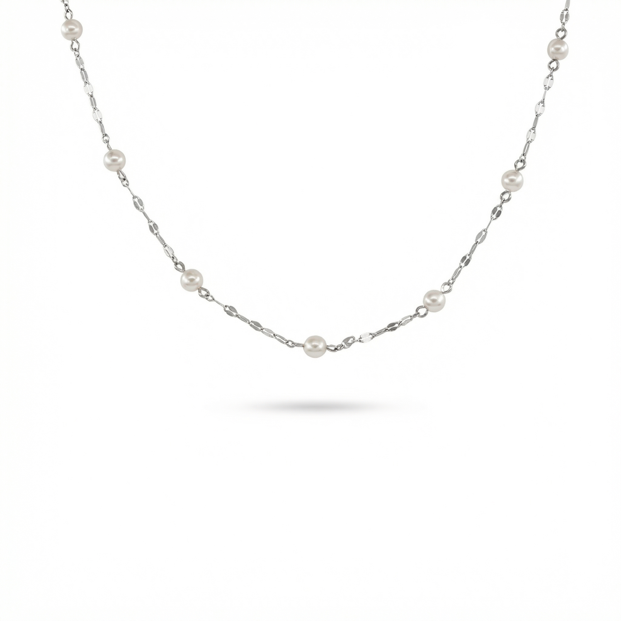 925 sterling silver necklace with pearls featuring delicate chain and evenly spaced pearl accents on white background
