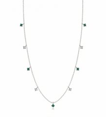 925 sterling silver clavicle necklace with zircon crystals and green accent stones, geometric modern design on fine silver chain