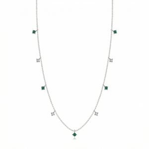925 sterling silver clavicle necklace with zircon crystals and green accent stones, geometric modern design on fine silver chain