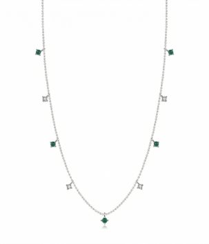 925 sterling silver clavicle necklace with zircon crystals and green accent stones, geometric modern design on fine silver chain