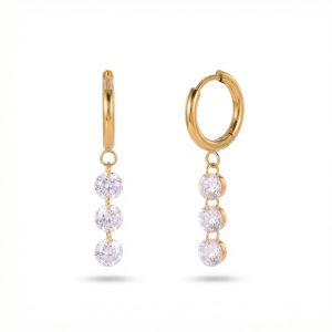 Gold plated zircon drop earrings with shiny round crystal detailing and a short drop design.