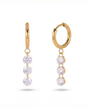 Gold plated zircon drop earrings with shiny round crystal detailing and a short drop design.