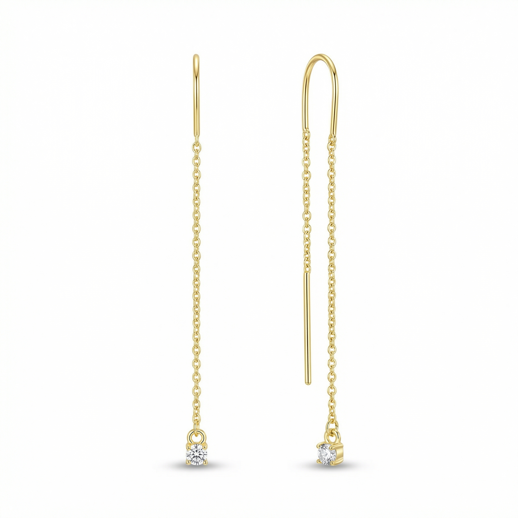 gold-plated-sterling-silver-long-threader-earrings Gold plated sterling silver long threader earrings with a fine chain design and subtle crystal drop.