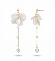 Pearl and shell drop earrings with sculpted floral petals and gold plated chain detailing.