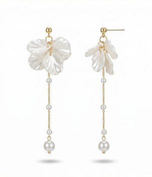 Pearl and shell drop earrings with sculpted floral petals and gold plated chain detailing.
