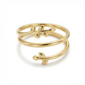 Gold plated adjustable botanical leaf wrap ring, hypoallergenic minimalist jewellery