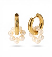 Gold plated hoop earrings with clustered freshwater pearls, elegant drop design, studio jewellery image on white background