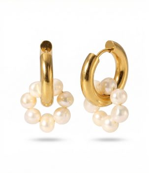 Gold plated hoop earrings with clustered freshwater pearls, elegant drop design, studio jewellery image on white background
