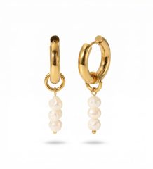 Gold plated hoop earrings with dangling freshwater pearls, minimalist drop design, studio jewellery product image