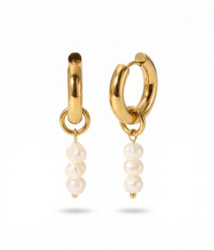 Gold plated hoop earrings with dangling freshwater pearls, minimalist drop design, studio jewellery product image