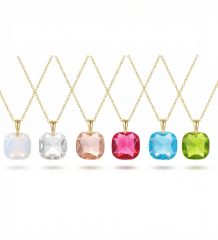 Gold plated necklace with square zircon gemstone pendants in multiple colours on fine chain