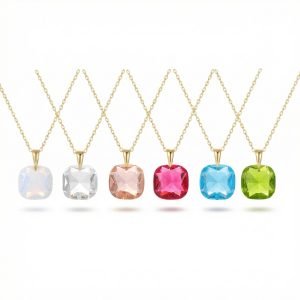 Gold plated necklace with square zircon gemstone pendants in multiple colours on fine chain