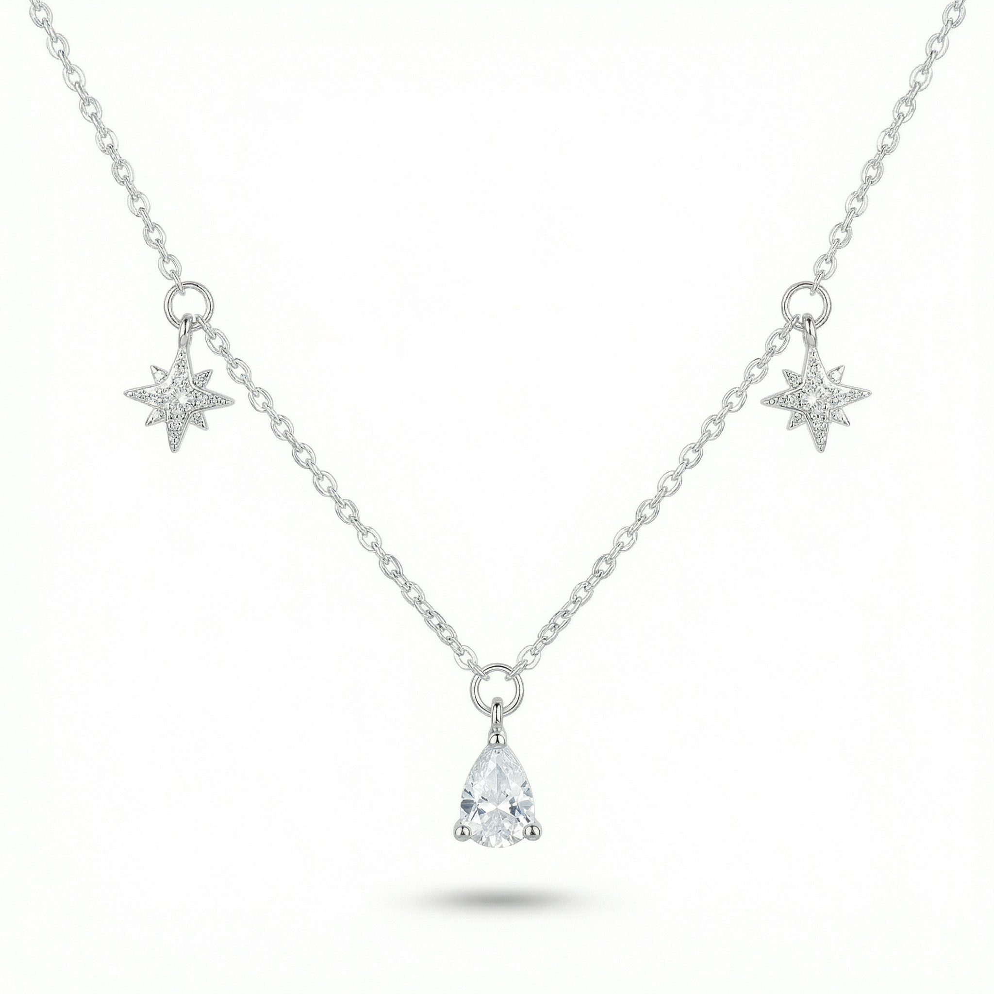 Sterling silver zircon necklace with star and teardrop charms, lightweight 1.8g women’s jewellery on white background