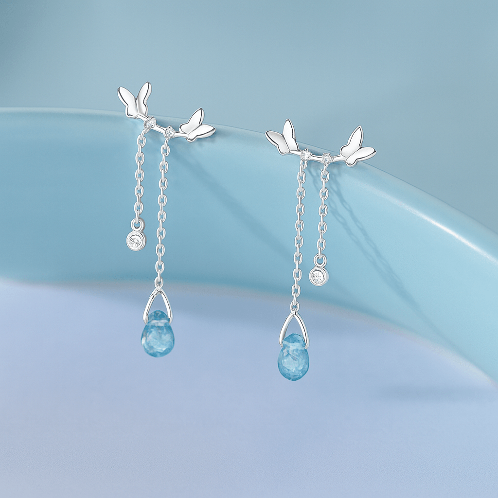 925 sterling silver butterfly drop earrings with zircon and crystal accents. Lightweight, hypoallergenic, and perfect for elegant everyday or date-night styling.
