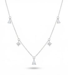Sterling silver zircon necklace with star and teardrop charms, lightweight 1.8g women’s jewellery on white background
