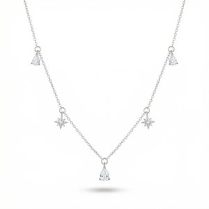 Sterling silver zircon necklace with star and teardrop charms, lightweight 1.8g women’s jewellery on white background