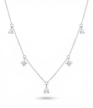 Sterling silver zircon necklace with star and teardrop charms, lightweight 1.8g women’s jewellery on white background