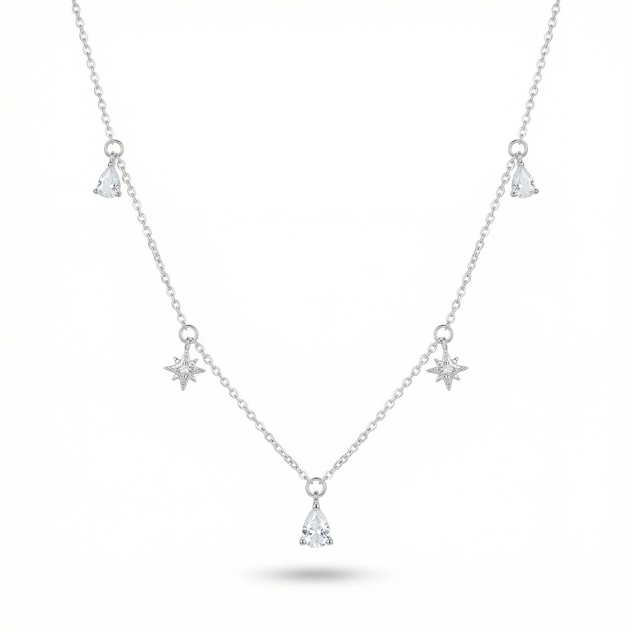 Sterling silver zircon necklace with star and teardrop charms, lightweight 1.8g women’s jewellery on white background