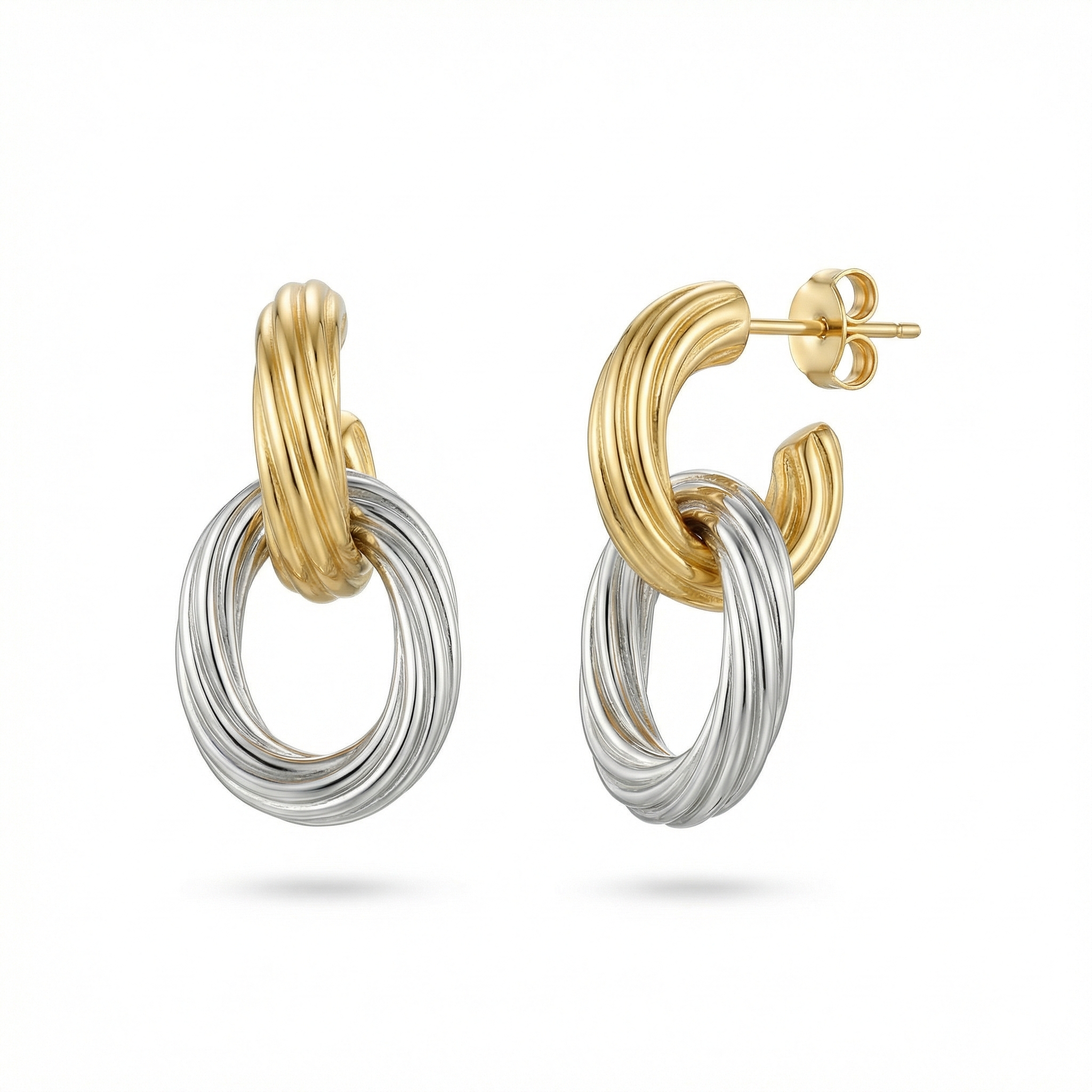 Interlocking twisted two tone earrings in 18K gold plated and silver titanium steel hypoallergenic