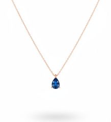 Rose gold plated teardrop gemstone necklace with blue crystal pendant on fine chain