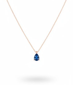 Rose gold plated teardrop gemstone necklace with blue crystal pendant on fine chain